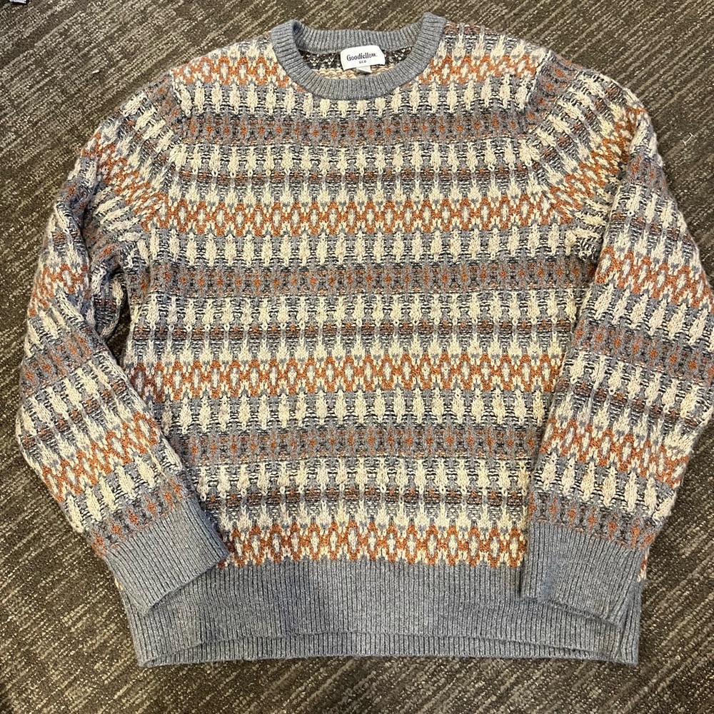 Goodfellow & Co Crewneck Fair Isle Sweater — Light Blue, Cream & Orange